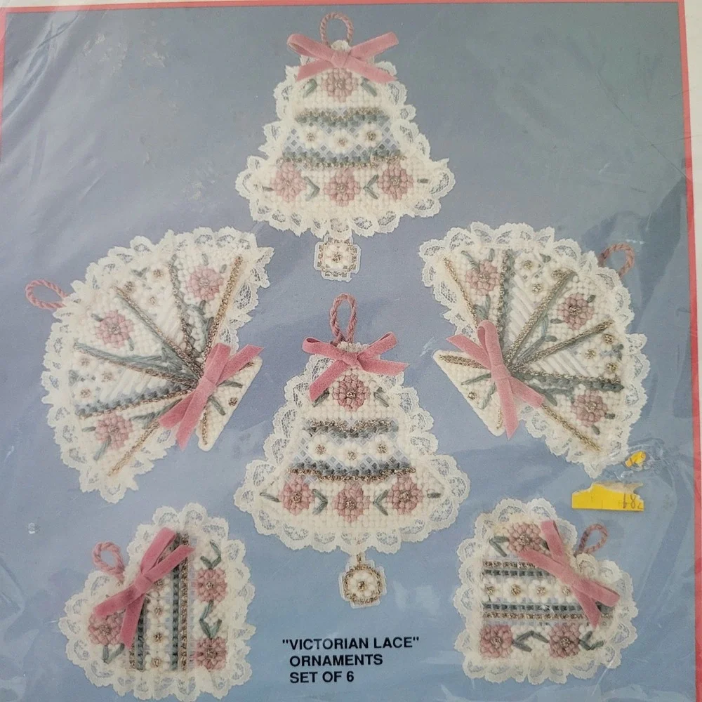 Bucilla Plastic Canvas Kit Pink Victorian Lace Ornaments 61093 Set of 6 Grandma